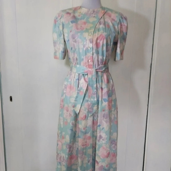 Vtg 80s Lili Richard's Aqua Lavendar Pink Floral Button Down Floral Dress - Picture 8 of 16